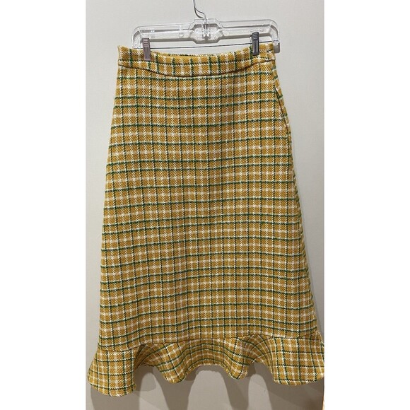 Anthropologie English Factory Midi Skirt Yellow Green Plaid Preppy Small New - Picture 6 of 15